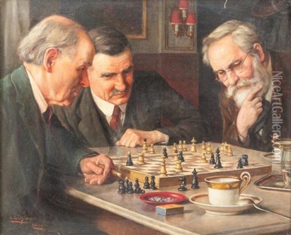 A Chess Match Oil Painting - Erwin Eichinger