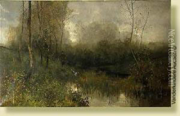 Chasseur Et Son Chien Dans Les Marecages Au Crepuscule Oil Painting - Gustave Den Duyts