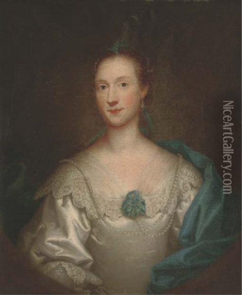 Portrait Of A Lady, Bust-length, In A White Dress And Blue Wrap Oil Painting - Thomas Bardwell