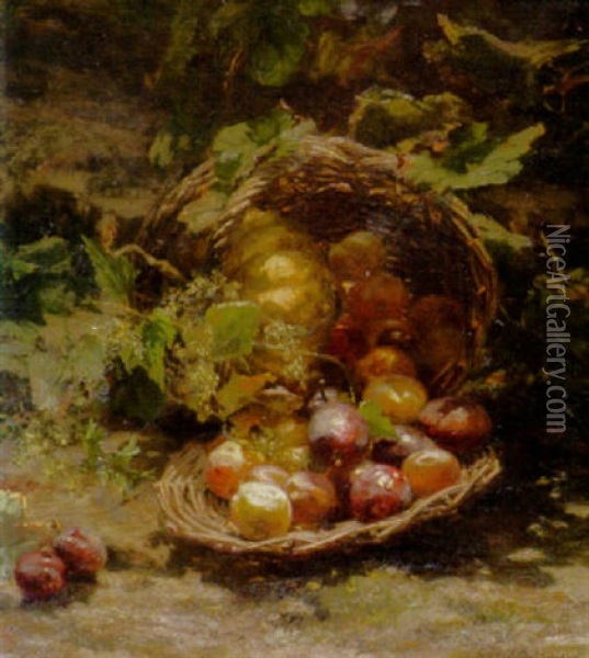 A Wicker Basket Of Plums, Apricots And A Pumpkin In An Autumnal Landscape Oil Painting - Gerardina Jacoba van de Sande Bakhuyzen