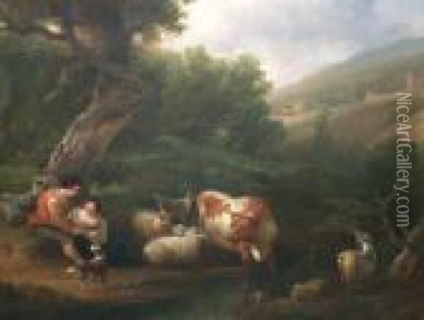 A Young Couple Seated By A Stream With Watering Cattle Oil Painting - Nicolaes Berchem