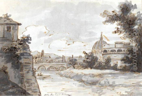 Recto: View Of Along The Tiber With The Castel Sant'angelo And St. Peter's To The Right Oil Painting - Jacques Louis David