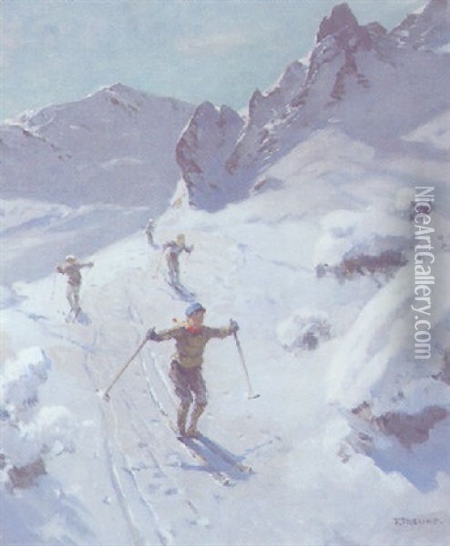 Vier Skifahrer Im Hochgebirge Oil Painting - Fritz Freund
