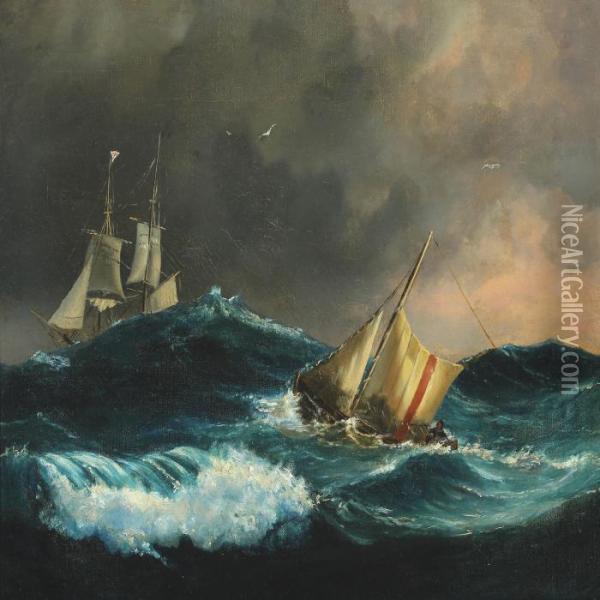 Pilot Boat At Sea In Bad Weather Oil Painting - Laurits Regner Tuxen