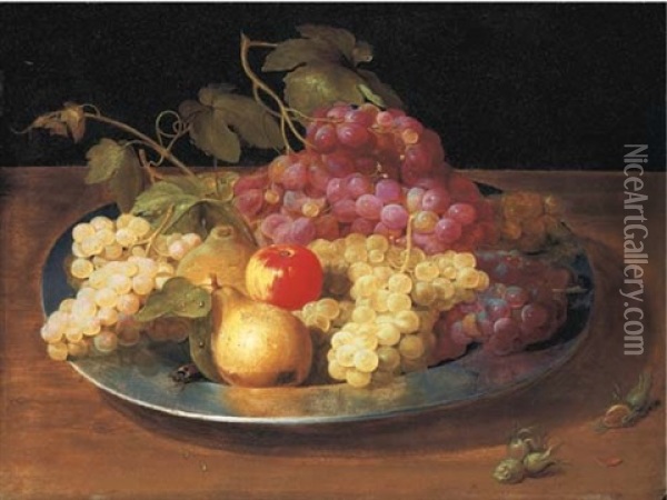 Grapes, An Apple And Pears With A Beetle In A Pewter Bowl On A Ledge With Rosebuds Oil Painting - Jacob Fopsen van Es