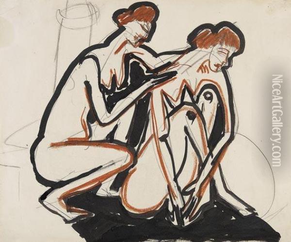 Zwei Hockende Weiblicheakte Oil Painting - Ernst Ludwig Kirchner