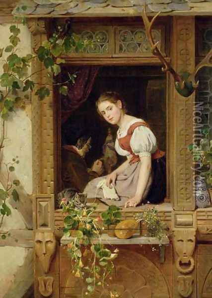 Dreaming on the windowsill Oil Painting - August Friedrich Siegert