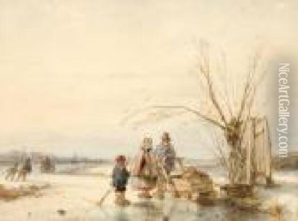 Figures On The Ice Oil Painting - Andreas Schelfhout