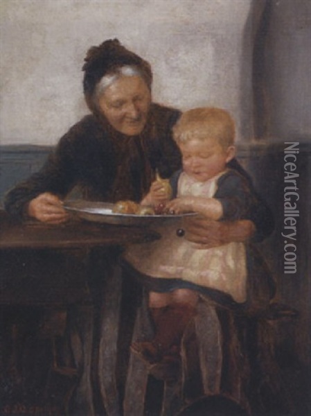 Grosmutter Mit Enkelkind Am Tisch Sitzend Oil Painting - Georgios Jakobides