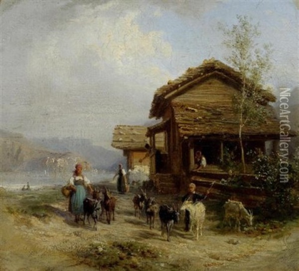 Landschaft Mit Bauerinnen Und Ziegen Vor Hausern Oil Painting - Karl Girardet