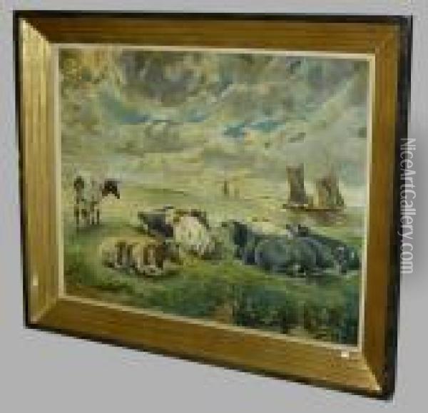 Vaches En Bord De Mer Oil Painting - Alfred Jacques Verwee