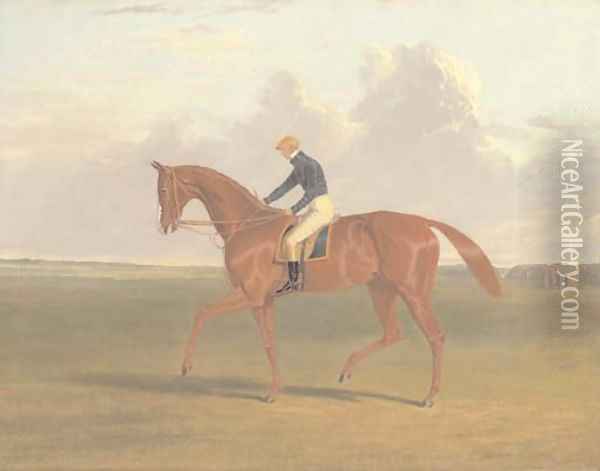 Colonel Peel's chestnut filly Vulture, with jockey up, on Newmarket Heath Oil Painting - John Frederick Herring Snr