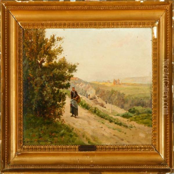 French Landscape Witha Young Girl Walking On The Village Road Oil Painting - Gustave Maincent