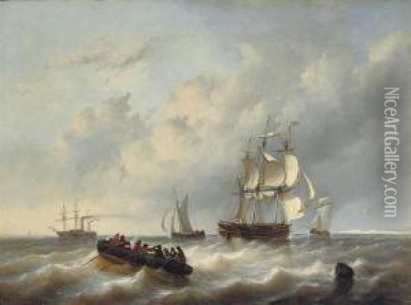 A Three-master And A Paddlesteamer On A Choppy Sea Oil Painting - George Willem Opdenhoff