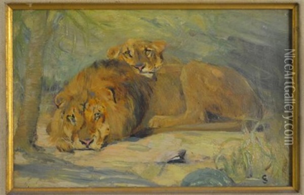 Lion And Lioness Oil Painting - Cuthbert Edmund Swan