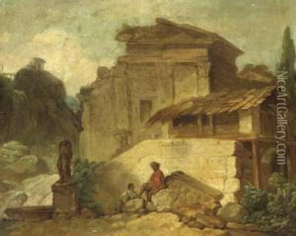 Figures Among Ruins At Tivoli Oil Painting - Claude Louis Chatelet