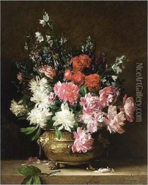 A Flower Still Life With Peonies, Bell-flowers, Aconites And Oil Painting - Gabriel Schachinger