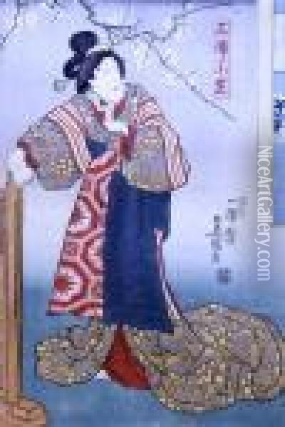 Triptych Of Samurai And Geisha Oil Painting - Toyokuni