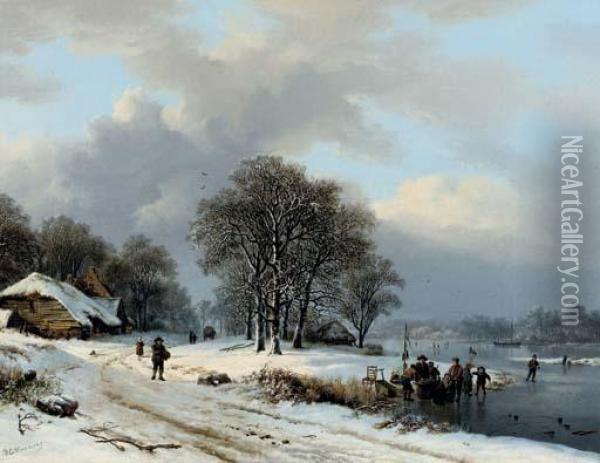 A Winter Landscape With Skaters Oil Painting - Barend Cornelis Koekkoek