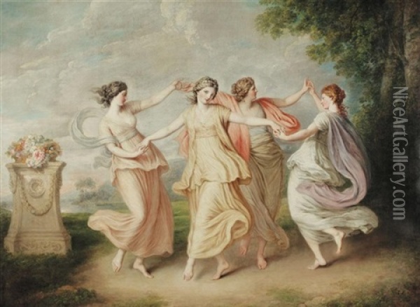 A Landscape With Four Nymphs Dancing Oil Painting - Giovanni Battista Cipriani