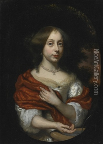 Portrait Of A Lady, Half-length, In A Red Shawl Oil Painting - Nicolaes Maes