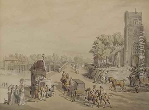 Bustling activity before St. Mary's Church with Putney Bridge beyond Oil Painting - Thomas Rowlandson