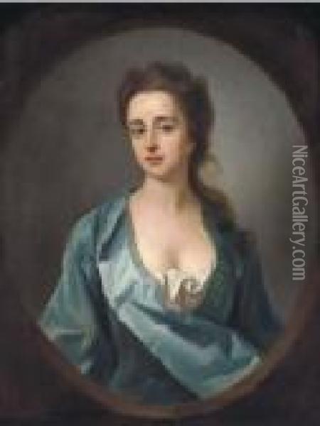 Portrait Of Mary Dowdeswell, Half-length, In A Blue Gown, Feignedoval Oil Painting - Michael Dahl