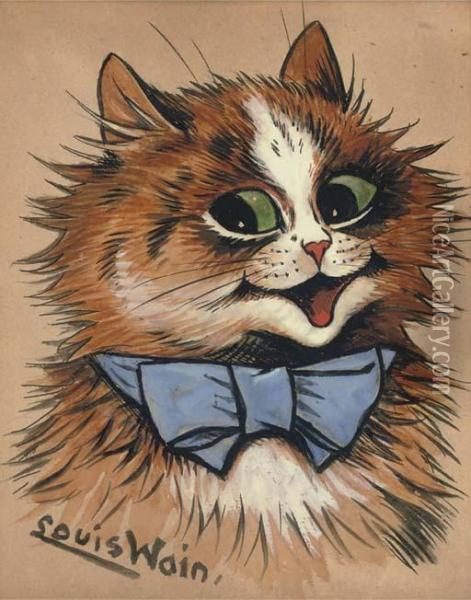 Smiling Cat With Blue Bow Tie Oil Painting - Louis William Wain