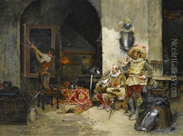 At The Armourer's Oil Painting - Domingo Munoz y Cuesta