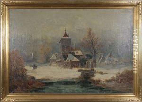 Dutch Winter Scene With Church And Figures Oil Painting - Johann Wilhelm Weinmann