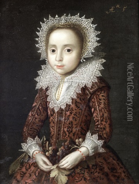 Portrait Of A Young Girl, Half-length, In A Red Embroidered Dress With Lace Collar, Cuffs And Headdress, Holding A Bunch Of Grapes Oil Painting - Pieter (van Harlingen) Feddes
