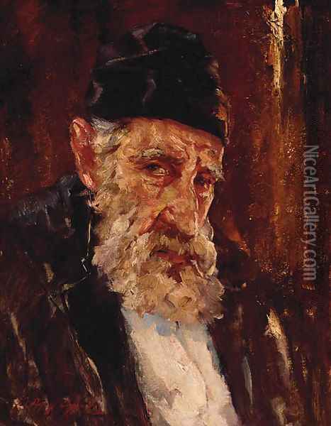 An Elderly Bearded Gentleman, Bust Length, Wearing A Hat Oil Painting - Greek School