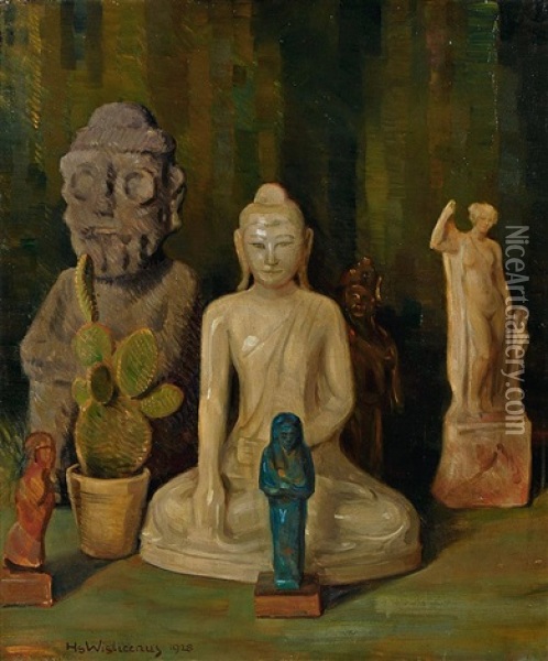 Stillleben Mit Skulpturen Und Kaktus Oil Painting - Hans Wislicenus