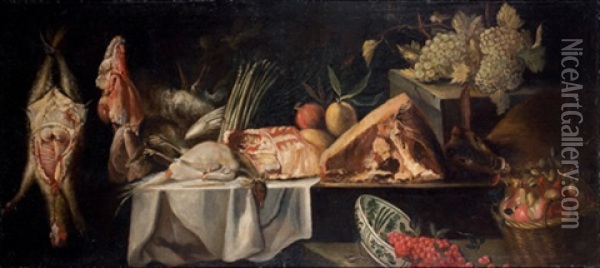 Garde-manger: Nature Morte Au Gibier Avec Raisins, Panier De Poires, Coupe De Cerises Et Asperges Oil Painting - Felice Boselli