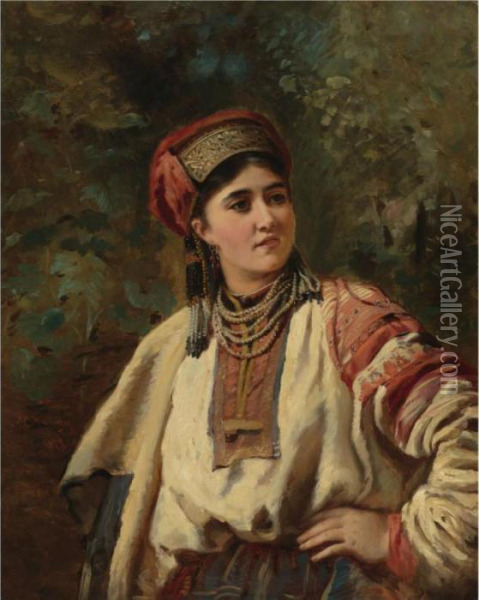 Girl In A National Costume Oil Painting - Konstantin Egorovich Egorovich Makovsky
