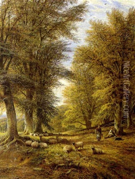 Shepherds With Their Flock In A Wood Oil Painting - Alfred Augustus Glendening Sr.