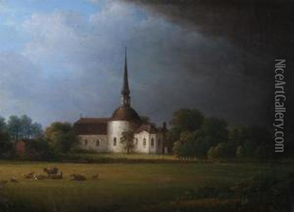 Abbey Church In Pastoral Landscape Oil Painting - E. Tahlerantz