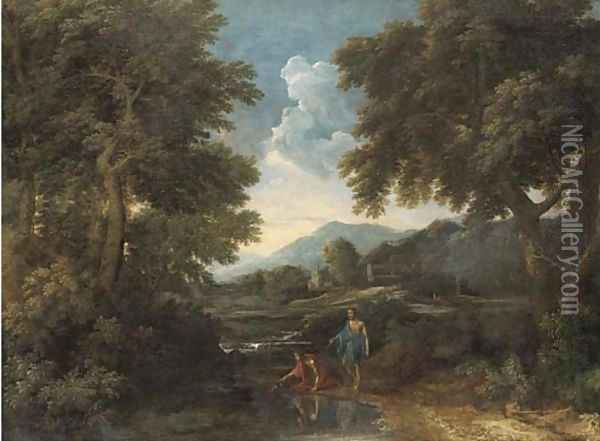 A wooded landscape with classical figures by a river Oil Painting - Gaspard Dughet