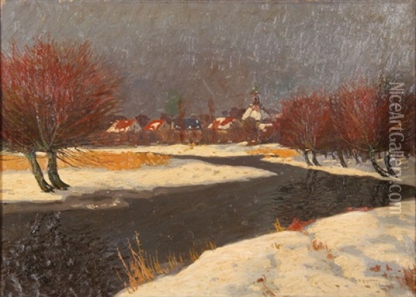 Winter River Landscape Oil Painting - Otto Hoffmann