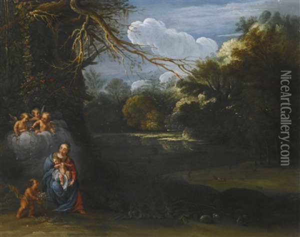 The Madonna And Child In A Landscape With Angels Oil Painting - Adam Elsheimer