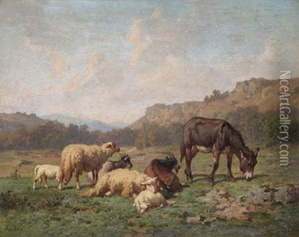 Ane, Moutons Et Boucs Devant Un Paysage Accidente Oil Painting - Louis Robbe