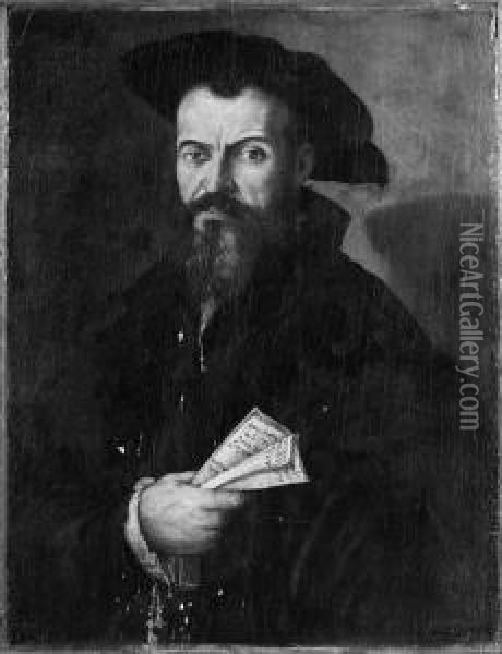 Portrait Of A Nobleman, Half Length, Wearing A Black Coat And Cap,holding A Document Oil Painting - Jan Cornelisz Vermeyen