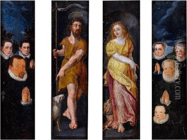 A Polyptych. Central Panels: 
Saint John Thebaptist And Saint Martha; Left Wing: A Male Donor With His
 Sons;right Wing: A Female Donor With Her Daughters Oil Painting - Maarten de Vos
