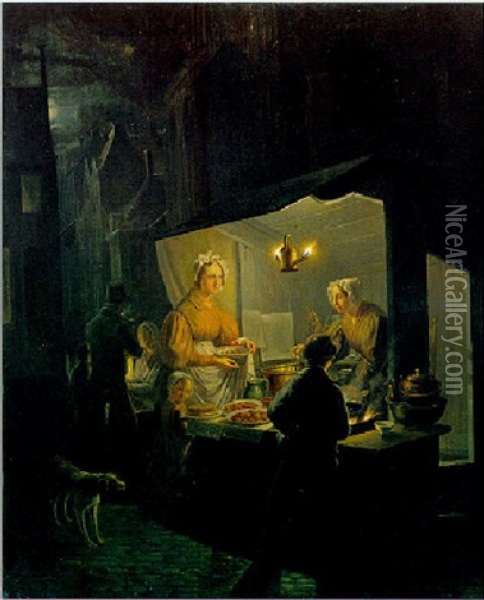 Het Oliebollenkraam Bij Avond Oil Painting - Jan Hendrik van Grootvelt