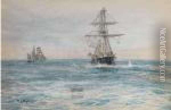 An Ironclad And A Barquentine In Mid-channel Oil Painting - William Lionel Wyllie
