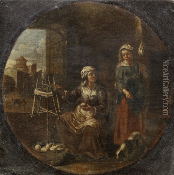 A Woman And Her Daughter Spinning Wool; And Peasants And Their Animals Before A Landscape, (2) Oil Painting - Michelangelo Cerquozzi
