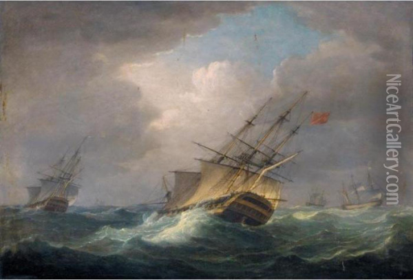 A Naval Squadron In A Heavy Swell Oil Painting - Thomas Whitcombe