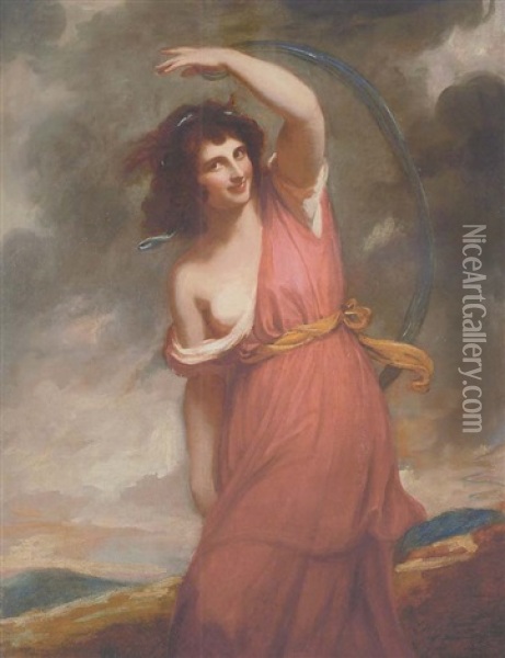 Portrait Of Emma Hart, Lady Hamilton, As A Dancing Bacchante In Red Robes With A Yellow Sash, A Blue Scarf In Her Left Hand, In A Landscape Oil Painting - George Romney