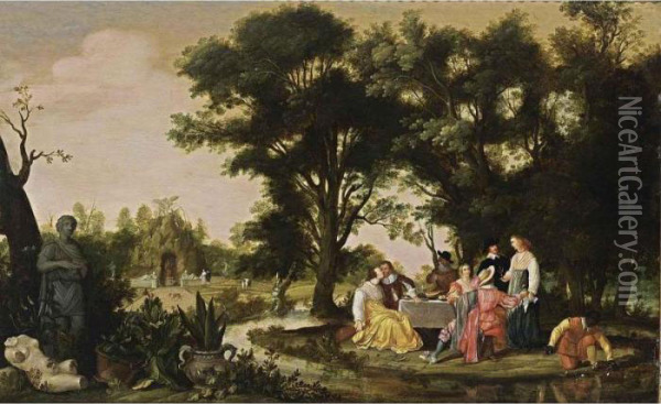 An Elegant Company Eating And Drinking In A Park Landscape Oil Painting - Willem Van Den Bundel