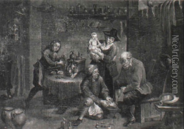An Old Man Visiting A Chiropodist Oil Painting - Matheus van Helmont